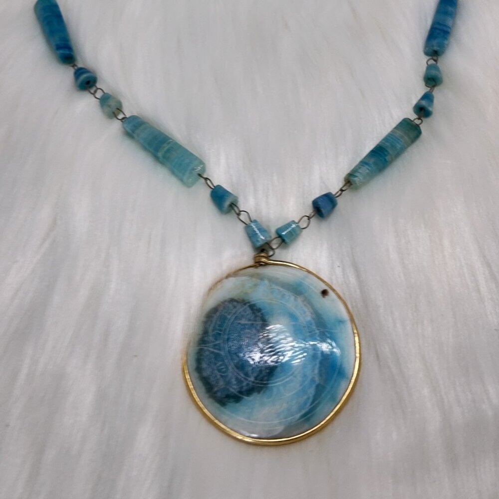 Carved AZTEC SunTurquoise Agate Stone Branded Pendant Necklace 15"L